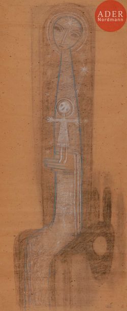  Jean LAMBERT-RUCKI (1888-1967) Vierge à l’Enfant Pastel et fusain. Porte le timbre...