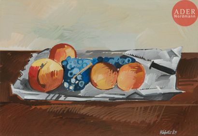 null Jaroslav KLAPSTE (1923-1999)
Nature morte aux pommes et au raisin, 1989
Gouache.
Signée...