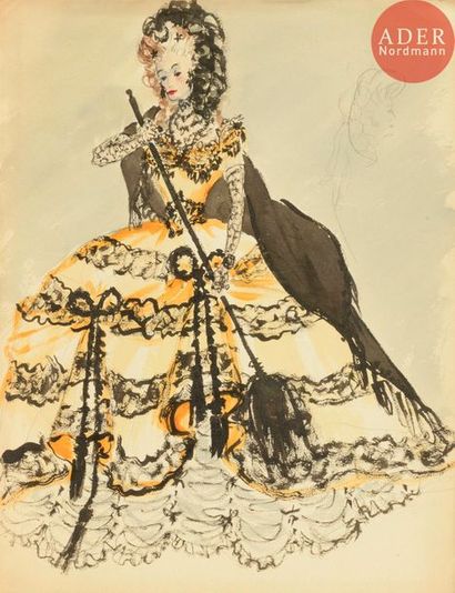  Christian DIOR (1905-1957) Élégante en robe Belle Époque (projet de costume) Encre...