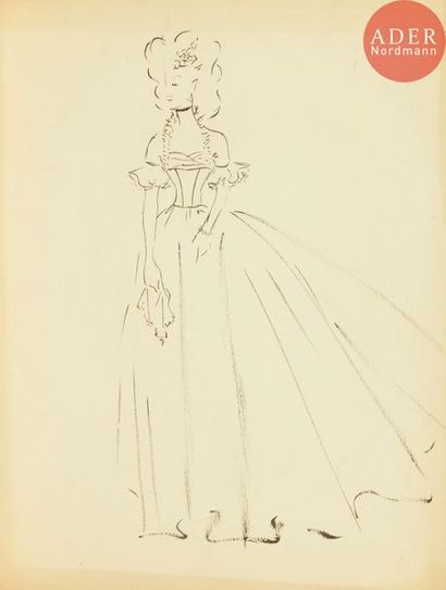  Christian DIOR (1905-1957) Robes (projets de costumes) 3 dessins à l’encre. Non...