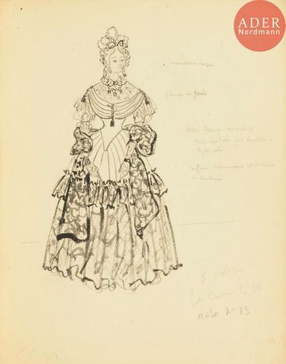  Christian DIOR (1905-1957) Robes (projets de costumes) 3 dessins, encre et mine...