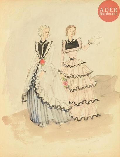null Christian DIOR (1905-1957)
Deux femmes en robe (projet de costumes)
Encre et...