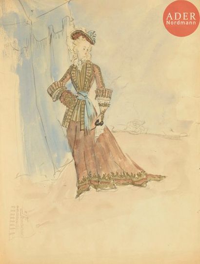  Christian DIOR (1905-1957) Robes de voyages (projets de costumes) 2 aquarelles....