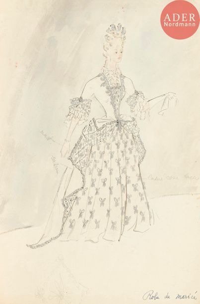 null Christian DIOR (1905-1957)
Robe de mariée (projet de costume)
Aquarelle et crayon...