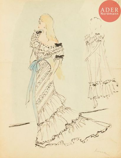 null Christian DIOR (1905-1957)
Robe du soir (projet de costume)
Encre et aquarelle.
Annotée...