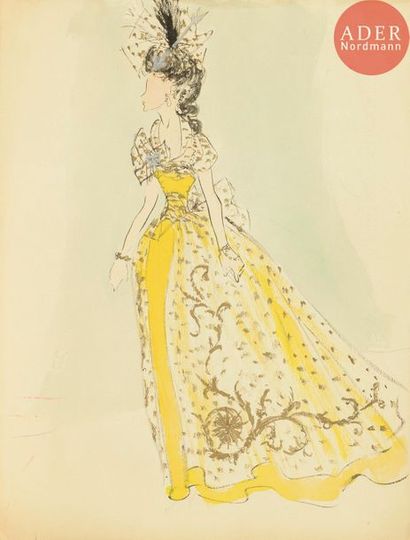  Christian DIOR (1905-1957) Femme en robe jaune (projet de costume) Encre et aquarelle....