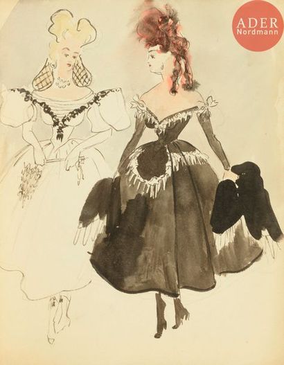  Christian DIOR (1905-1957) Deux femmes en robe (projet de costumes) Encre et aquarelle....