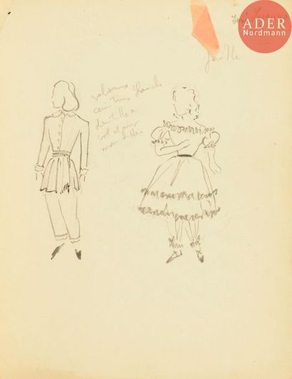  Christian DIOR (1905-1957) Projet de costumes d’enfants 4 dessins, encre et mine...