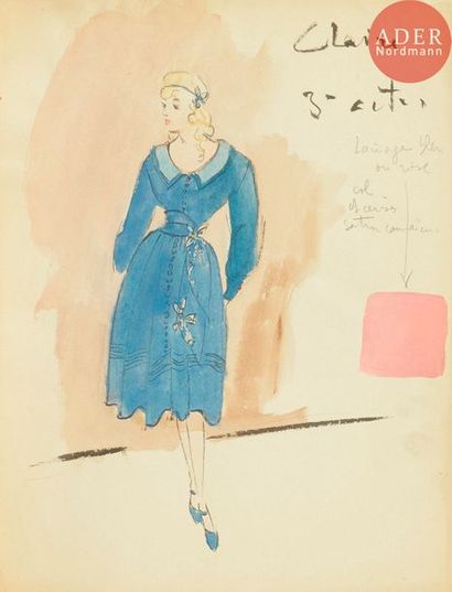  Christian DIOR (1905-1957) Claire 3e acte (projet de costume) Aquarelle. Annotée....