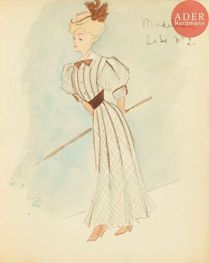 null Christian DIOR (1905-1957)
Madeleine Robe n°2 (projet de costume)
Aquarelle.
Annotée.
32.5...