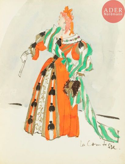  Christian DIOR (1905-1957) La Comtesse (projet de costume) Aquarelle. Annotée. 32.5...