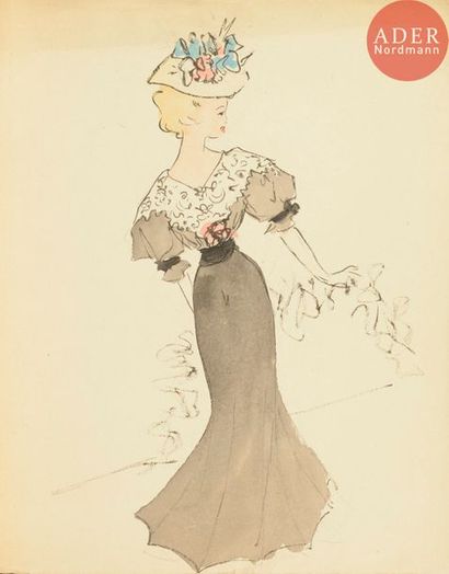  Christian DIOR (1905-1957) Femme en robe, projet pour le film « Le Silence est d’or...