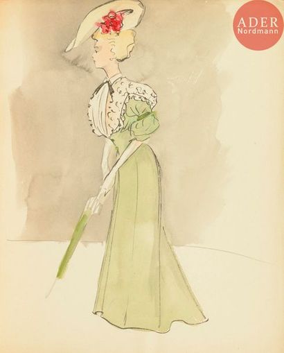 Christian DIOR (1905-1957) Élégante au parapluie, projet pour le film « Le Silence...