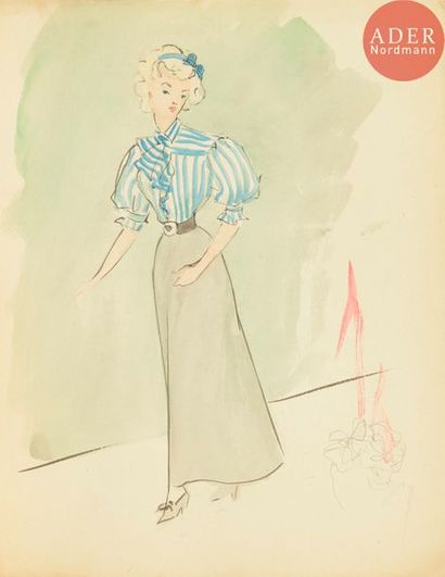 null Christian DIOR (1905-1957)
Élégante en robe (projet de costume)
Aquarelle.
Non...