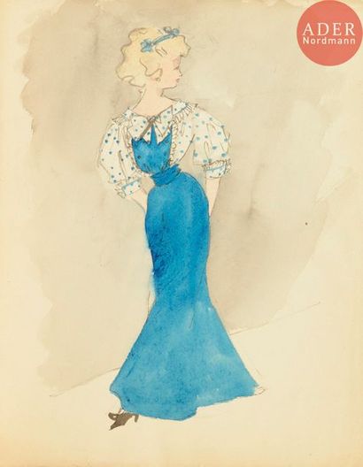 null Christian DIOR (1905-1957)
Femme en robe bleue (projet de costume)
Aquarelle.
Non...