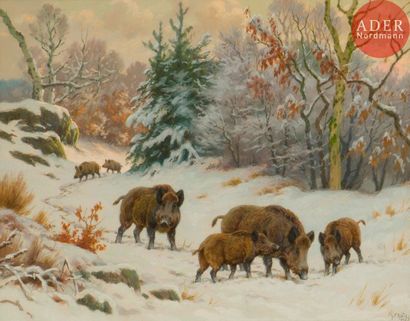 null Georges Frédéric RÖTIG (1873-1961)
Horde de sangliers dans la neige en forêt,...