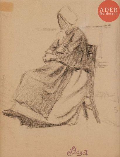  Louis HAYET (1864-1940) Étude de femmes – Deux études de paysannes 3 dessins, crayon...