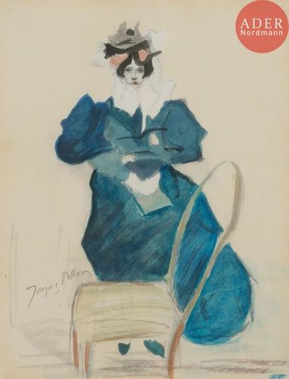  Jacques VILLON (1875-1963) Élégante à l’écharpe blanche, vers 1900 Aquarelle et...