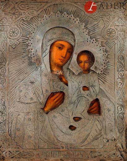null Icône de la Vierge d’Ivérie 
Moscou. 1875
Oklad en argent gravé.
Poinçons :...