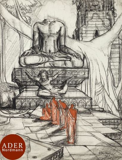 null André MAIRE (1898-1984)
Cambodge, le recueillement, 1956
Fusain et sanguine.
Signé...