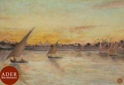 null Maxime DASTUGUE (1851-1909)
Égypte, Felouques sur le Nil
Huile sur toile.
Porte...