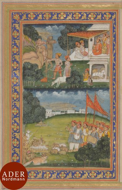 null Quatre peintures illustrant un manuscrit, roman mystique et amoureux, Inde de...