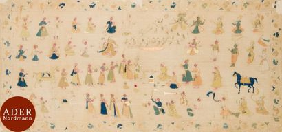 null Tissu rumal brodé de personnages, Inde du Nord, Chamba, fin XIXe siècle 
Mousseline...