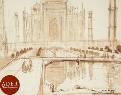null André MAIRE (1898-1984)
Inde, Agra, le Taj Mahal, 1938
Lavis d’encre brune et...
