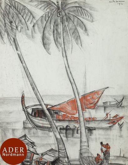 null André MAIRE (1898-1984)
Indochine, au bord de l’eau, 1951
Fusain et sanguine.
Signé...