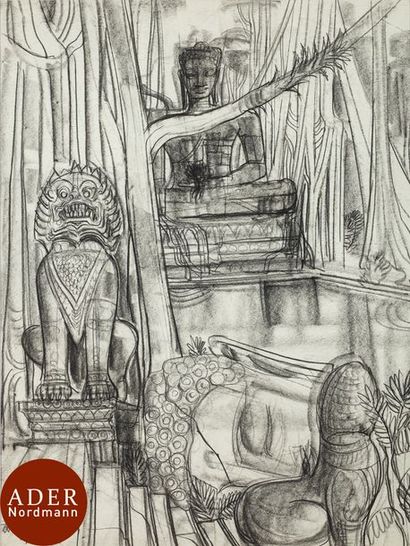 null André MAIRE (1898-1984)
Cambodge, Angkor, bouddha assis, 1952
Fusain.
Signé...