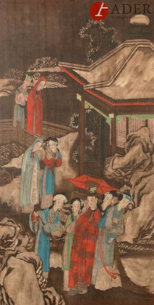 null CHINE - XIXe siècle
Ensemble de trois peintures : encre et couleurs sur soie,...