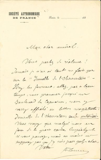null Camille FLAMMARION (1842-1925) astronome. L.A.S., Paris 188-, à l’amiral Mouchez ;...
