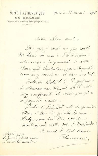 null Camille FLAMMARION. L.A.S., Paris 11 mai 1906, à un ami ; 1 page in-8, en-tête...