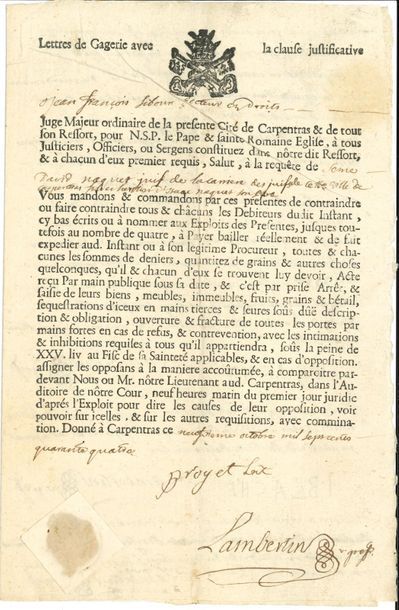 null CARPENTRAS. P.S. par le greffier Lambertin, Carpentras 9 octobre 1744 ; 2 pages...