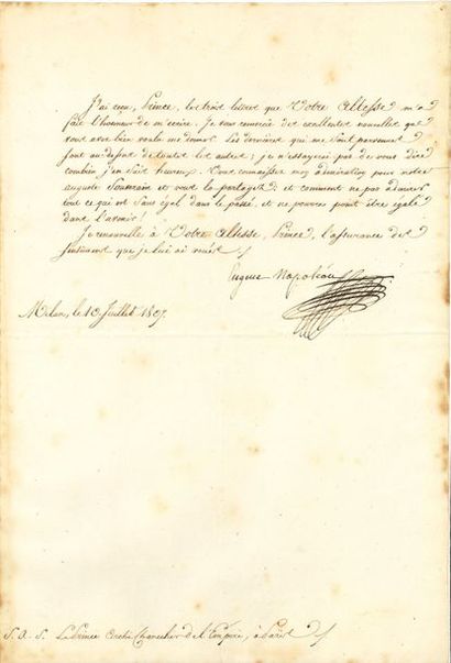 null EUGèNE DE BEAUHARNAIS. L.S. « Eugene Napoléon », Milan 10 juillet 1807, au Prince...