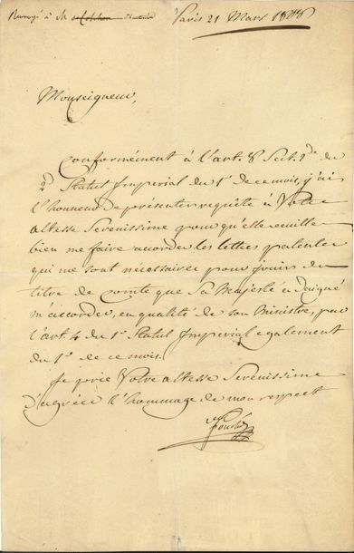 null Joseph FOUCHÉ. L.S. « Fouché », Paris 21 mars 1808, [à Cambacérès] ; 1 page...