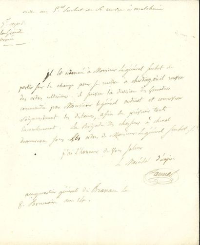 null Jean LANNES. L.S., Q.G. de Braunau 8 brumaire XIV (30 octobre 1805), au général...