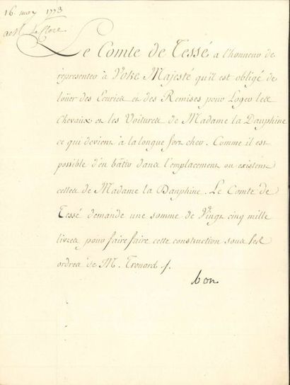  LOUIS XV. Pièce avec le mot « bon » autographe, [16 mai 1773] ; 1 page in-4. Au...