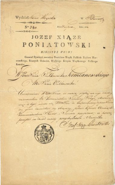 null Joseph, prince PONIATOWSKI. L.S. « Jozef Xi?ze Poniatowski », Pulawy 3 juillet...