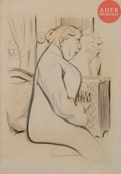 null HERMANN-PAUL (1864-1940)
MADAME MAXILLAIRE, 1904
Encre et crayon de couleurs.
Signée...