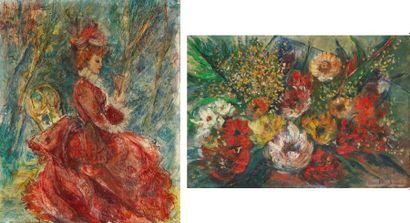 Olga KLEIN-ASTRACHAN (1907-1999) Elégante assise - Fleurs Huile sur toile Signées...