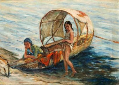 Augustin CARRERA (1878-1952) Jeunes femmes et embarcation Huile sur toile Signée...