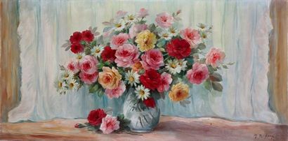 M RICHARD Nature morte au vase fleuri Huile sur toile 60 x 120 cm