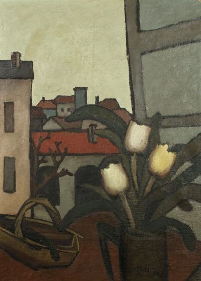 Ly TRANY Trois tulipes devant la fenêtre, 1950 Huile sur toile Signée et datée en...