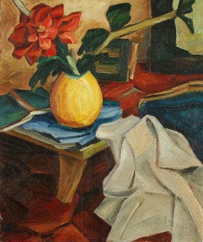 Ly TRANY Nature morte au vase jaune, 1947 Huile sur toile Signée et datée en bas...