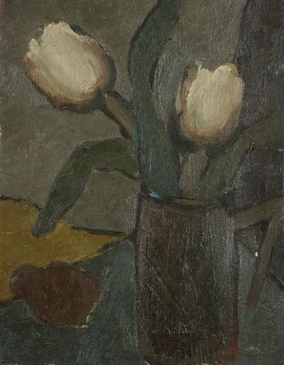 Ly TRANY Bouquet de tulipes Huile sur toile Signée en bas vers la droite 35 x 27...