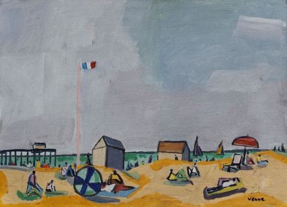 André VENNE (né en 1957) Scène de plage Huile sur panneau Signée en bas à droite...