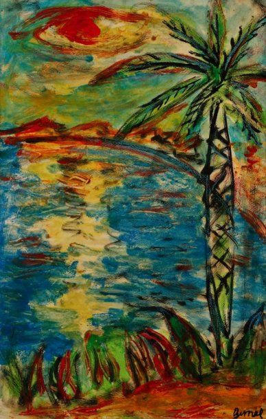 Georges GIMEL (1898-1966) Coucher de soleil sur oasis Acrylique sur panneau Signée...