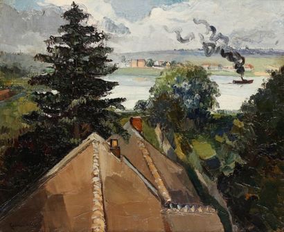 Gabriel BELOT (1882-1962) Paysage au remorqueur Huile sur toile Signée en bas à gauche...