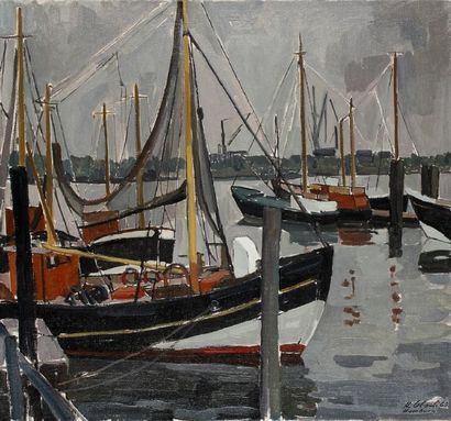 Hermann OBERLI (1914-1975) Le port d'Hambourg, 1963 Huile sur toile Signée, datée...